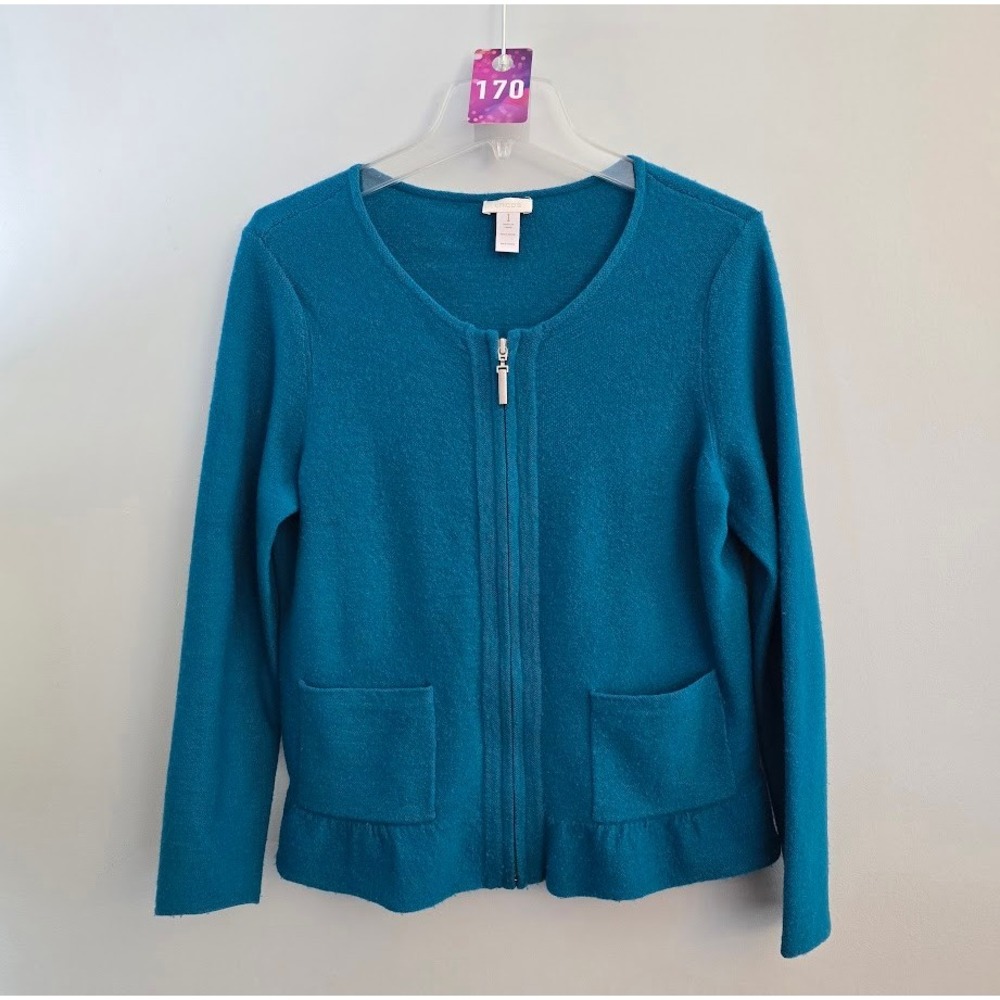 Chico's Womens Renee Wool Full Zip Sweater Jacket Teal Blue Peplum Womens Size 1